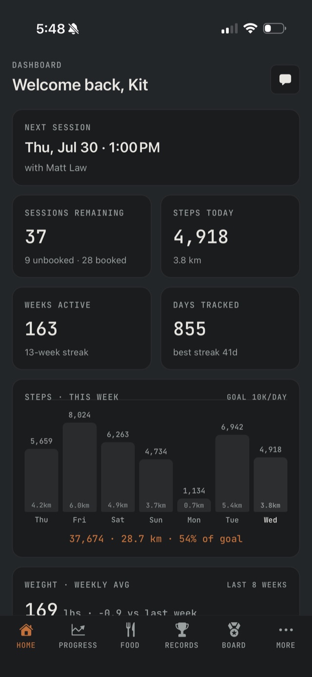 The Kalos iOS app dashboard — next session, sessions remaining, steps today, and a weekly steps chart.