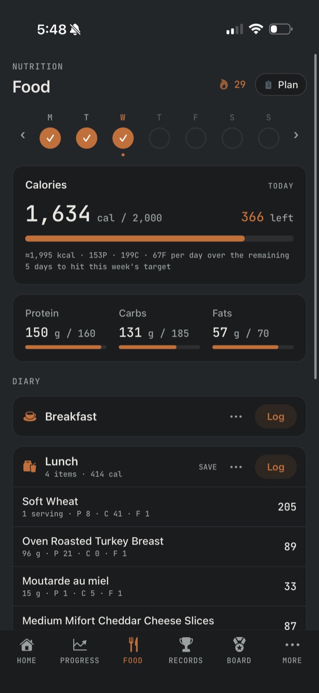 The Kalos iOS app Food screen